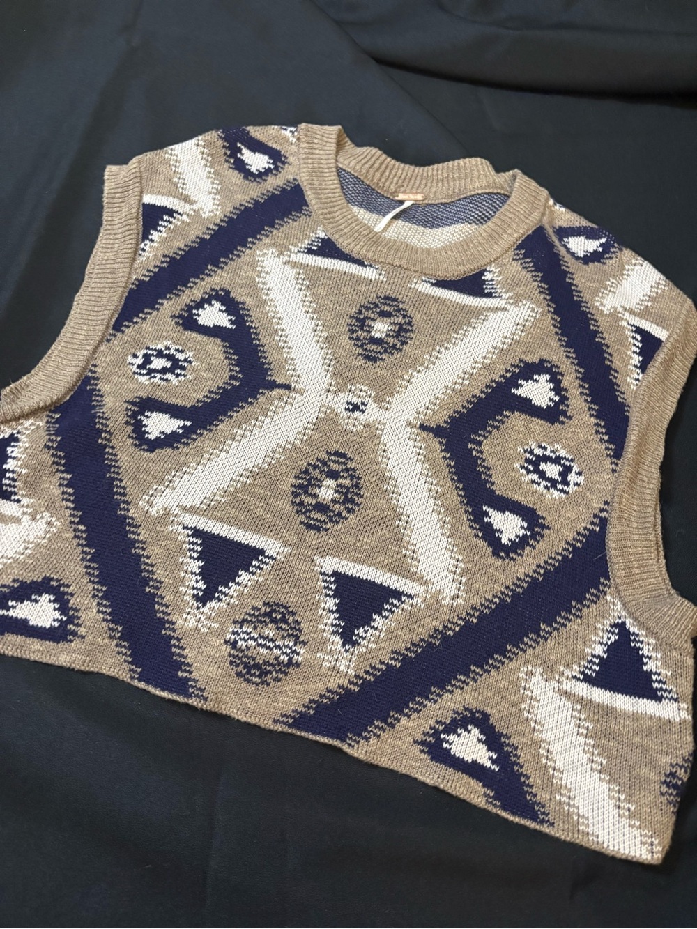 Free People Geo Knit Sleeveless Vest in Tan, Navy & Cream